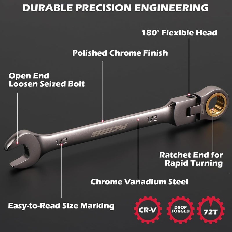 SEDY Premium 12-Piece SAE Flex-Head Ratchet Wrenches Set 1/4"-7/8" with Magnetic Organizer, Cr-V Steel Ratcheting Wrench Set with 72 Teeth 180° Flex Head, Ratchet Combination Wrench Set for Repair - Image 5